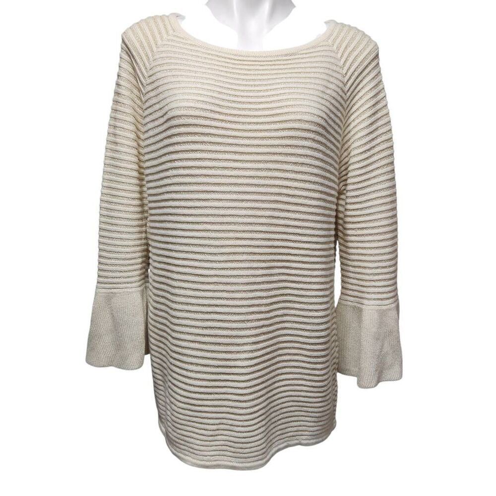 Chico's stretch knit tunic sweater gold cream stripe bell sleeve Size 3 XL